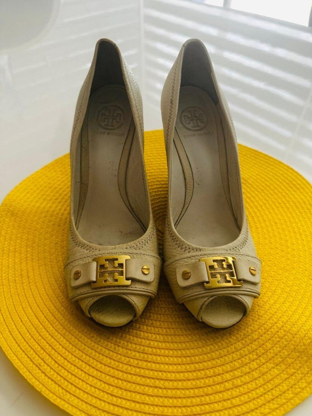 Tory Burch Cream Leather Peep Toe Wedges